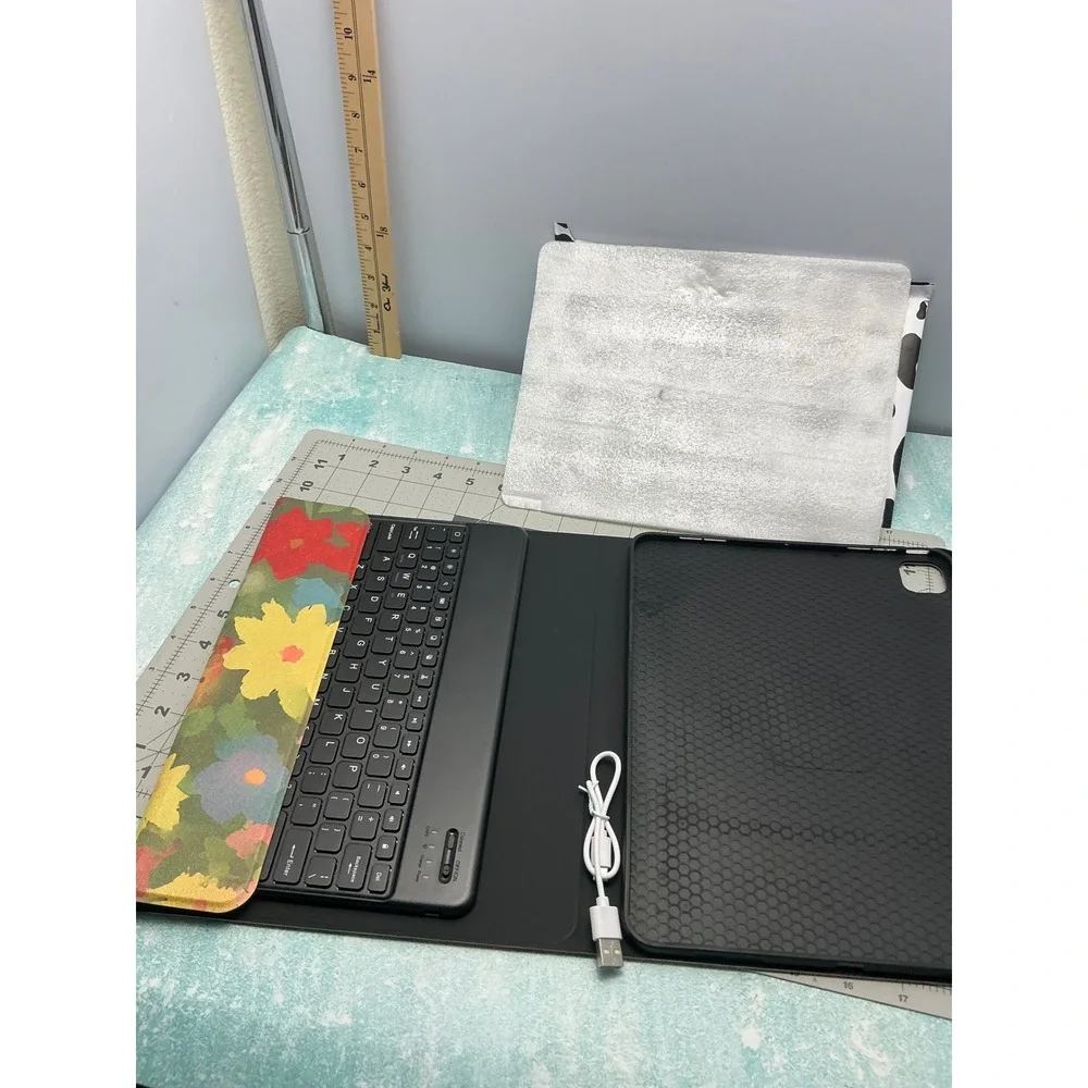 Black Cat Floral Tablet Case with Detachable Bluetooth Keyboard Cow Print Sleeve